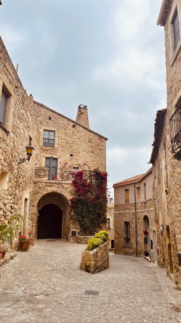 Explore a tranquil stone alley in a medieval Catalonia village. Perfect for travel enthusiasts.